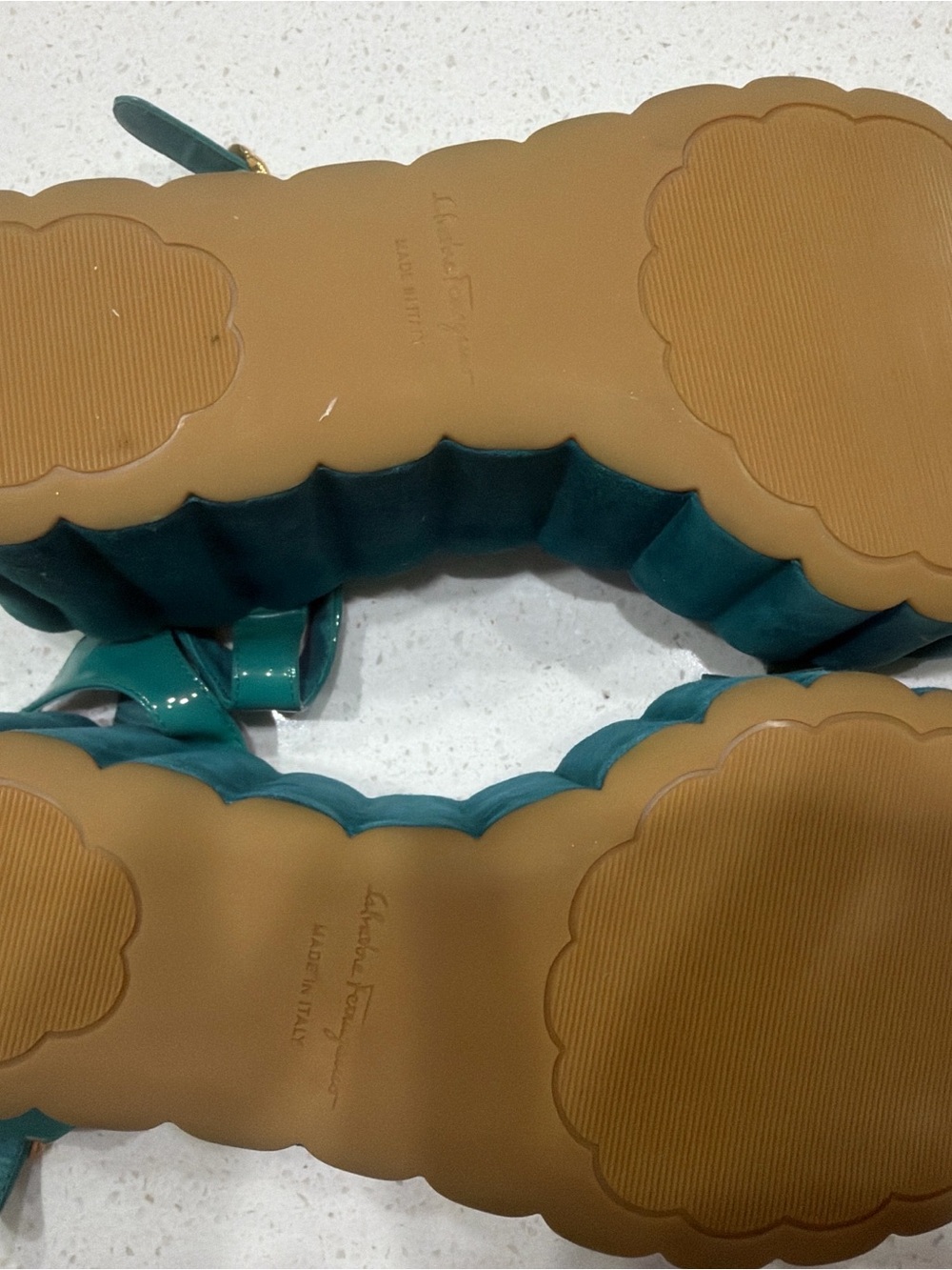 Salvatore Ferragamo Teal Patent Platform Sandals with Gold Buckle - Picture 4 of 4